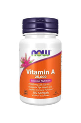 Now Foods Vitamin A 25,000 IU softgels in a bottle, supports eye health and immune function, 100 count.